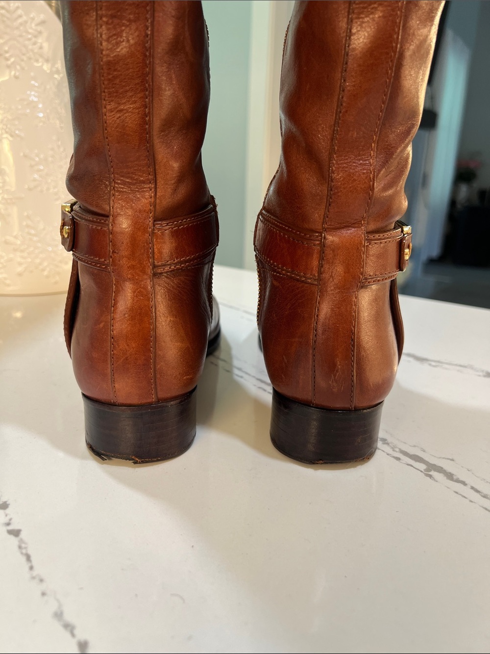 Tory Burch Chestnut Leather Riding Boots with Gold Logo Buckle size 7 - Picture 8 of 16